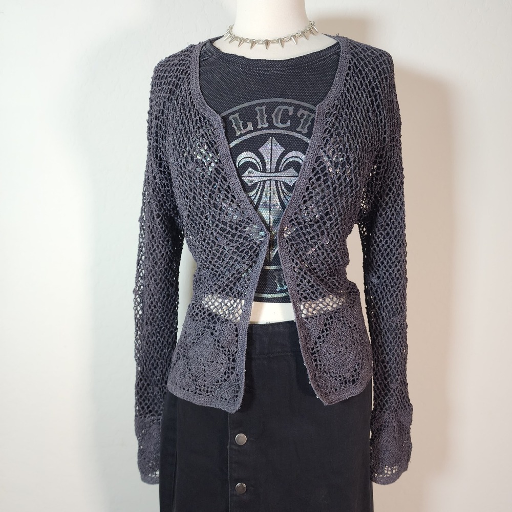 Yessica Open Knit Crochet Cardigan Gray Hook & Eye‎ Closure Lightweight Sweater
